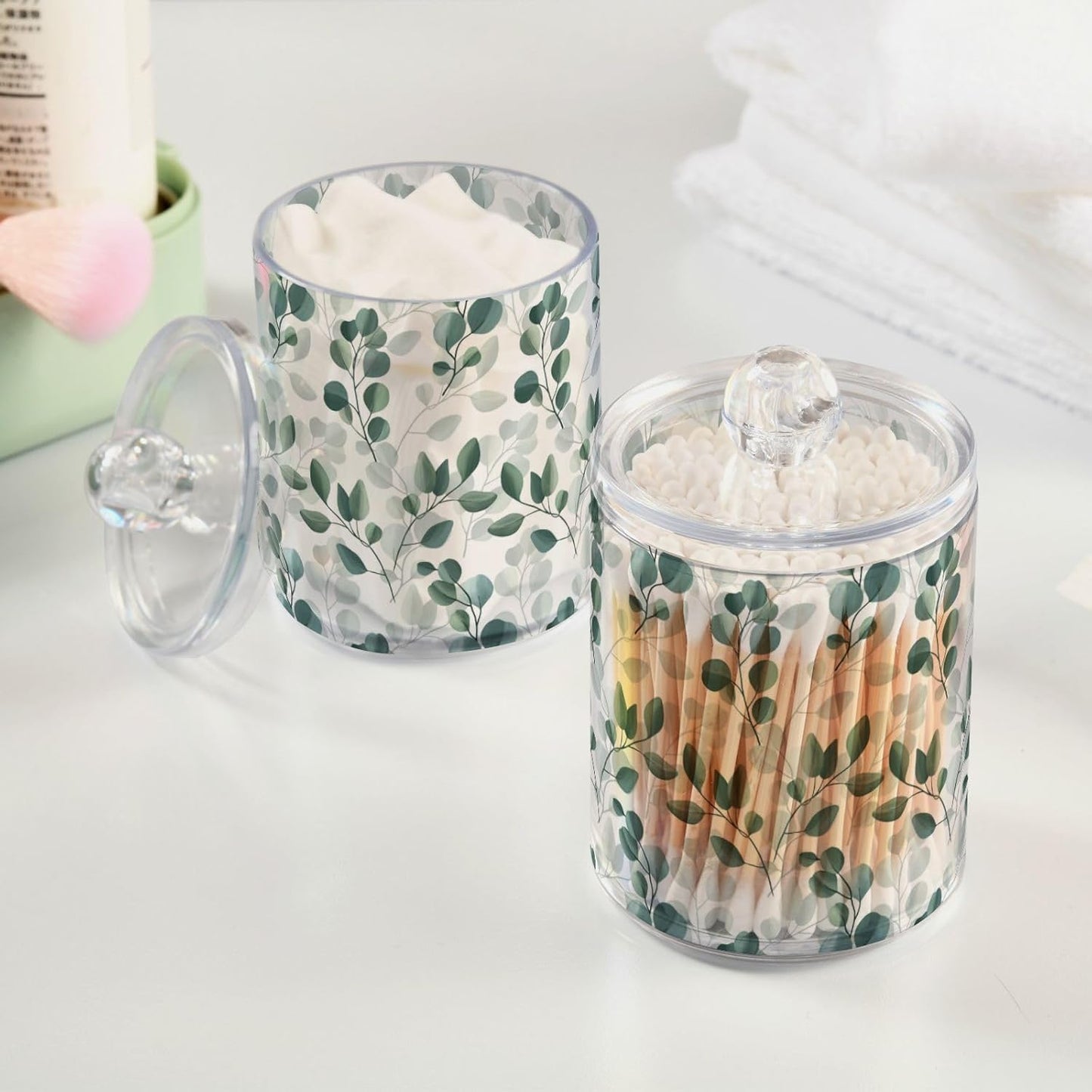 Qtip Holder Dispenser 4 Pack Green Watercolor Floral Leaves Apothecary Jars with Lids Bathroom Vanity Countertop Canister Storage Organizer for Cotton Ball,Swabs,Pads,Floss
