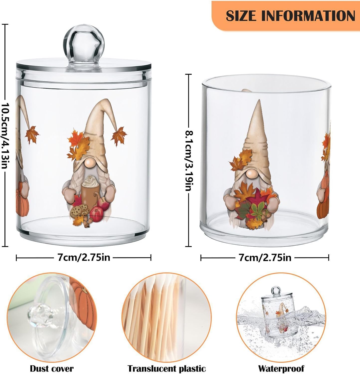 Gredecor 4 Pack Apothecary Jars with Lid Fall Gnome Maple Pumpkins Qtip Holder Dispenser Storage Containers Clear Plastic Cute Fall Autumn Thanksgiving Theme Canisters for Bathroom Vanity Organization