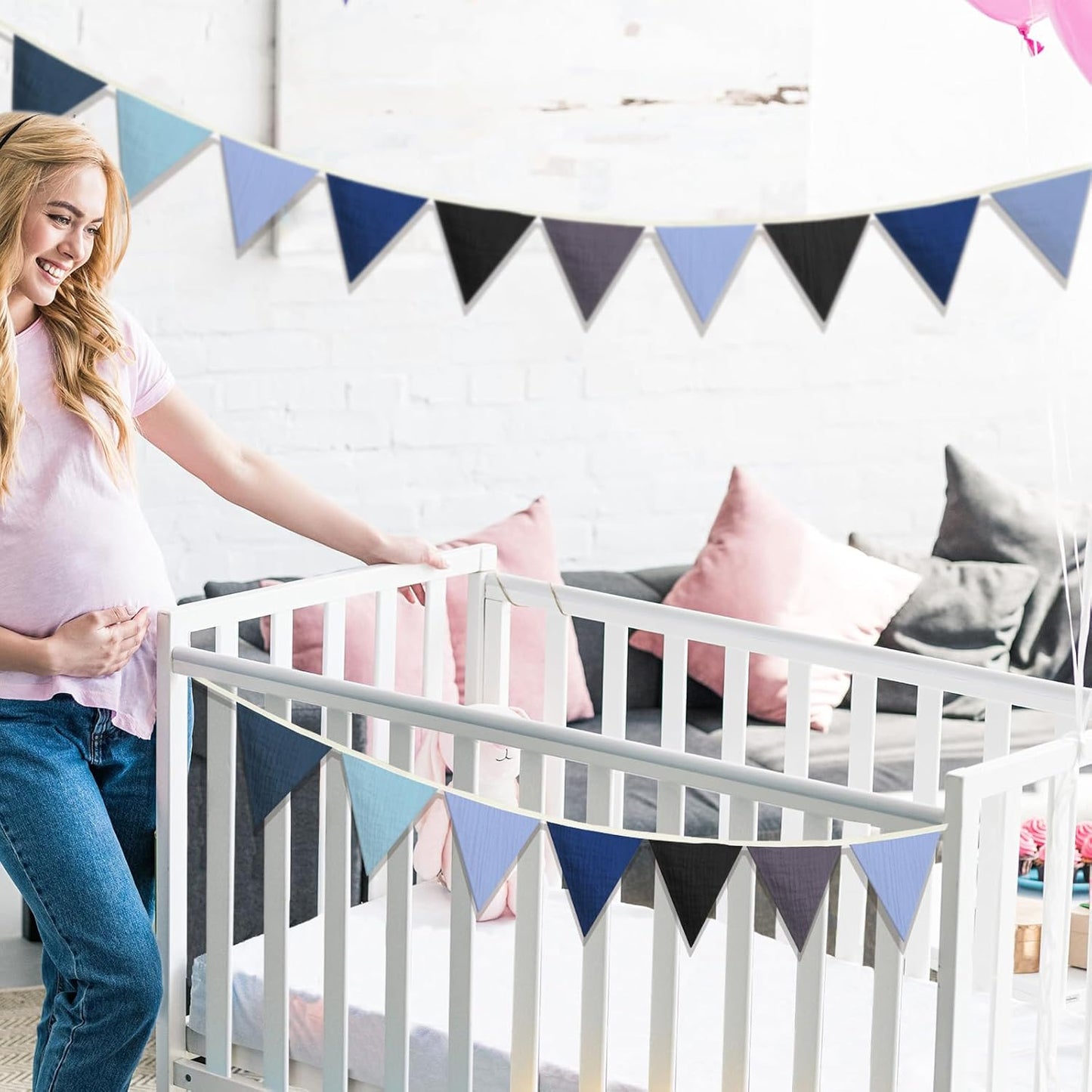 Oudain 15.5 ft Pennant Banner Flags, 2 Pcs Nursery Garland Triangle Bunting Flag Baby Banner for Nursery Decor Baby Birthday Boho Wedding Shower Party Event, Each 7.75 ft(Blue Color)