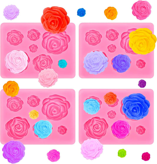4 Pcs Rose Flower Silicone Molds, Fondant Cake Flower Mold Silicone Polymer Clay Molds Rose Clay Mold for Cupcake DIY Crafts Cake Decoration Roxjaejae