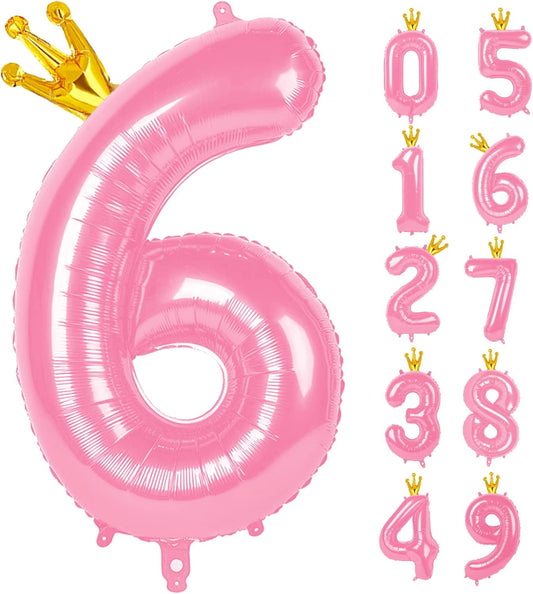 40 Inch Pink Number Balloon 0-9(Zero-Nine) with Crown, Big Size Happy Birthday Balloon, Foil Helium Big Number Balloon for Birthday Party,Wedding, Anniversary (PINK 6)