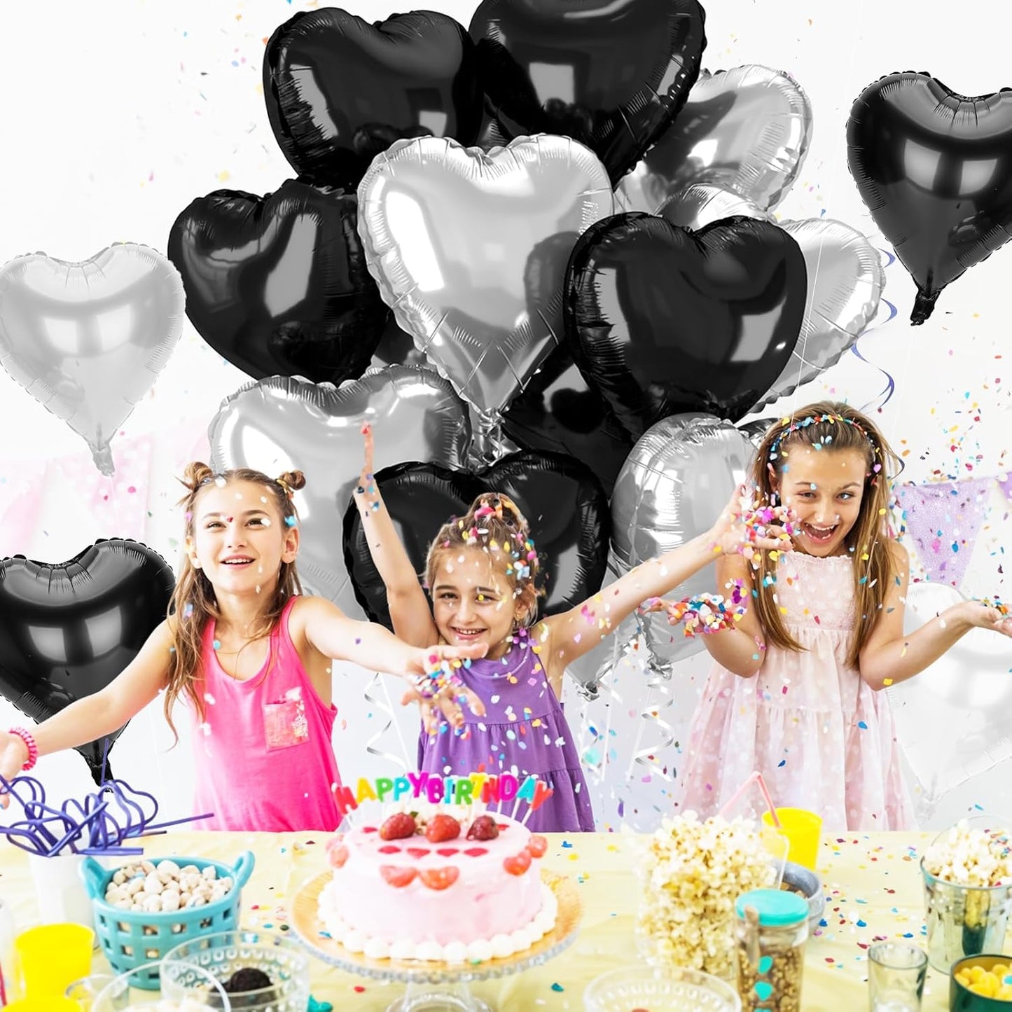 12 Pcs Heart Balloons, 18 inch Black Silver Heart Shaped Balloon, Big Helium Foil Black Silver Balloons for Wedding Baby Shower Anniversary Backdrop Valentine Party Decoration