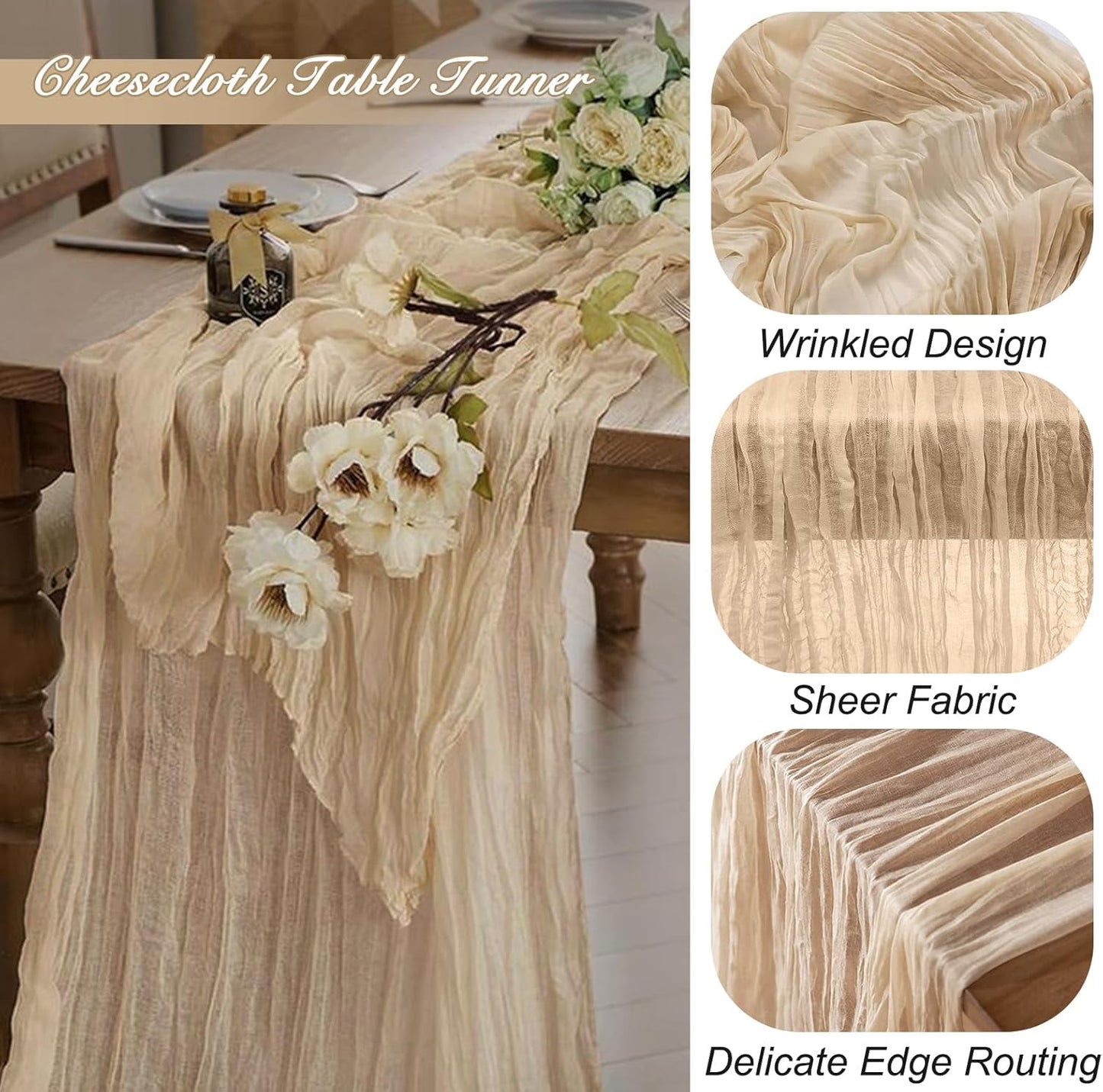 8 Pack 10Ft Beige Boho Gauze Cheesecloth Table Runner Long Wrinkled Sheer Romantic Table Cloths for Wedding Bridal Shower Birthday Party Table Decor