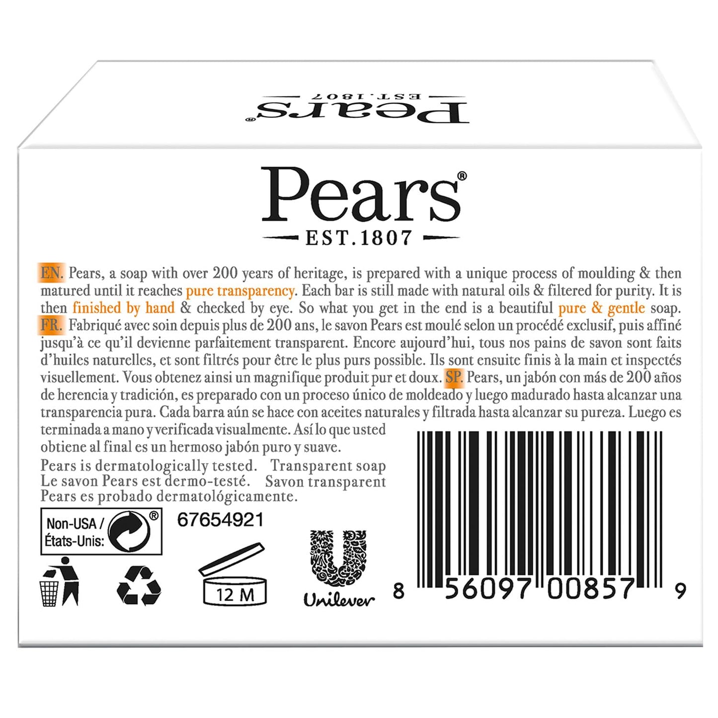 Pears Glycerin Soap, Transparent Amber with Natural Oils, 24-Pack – Pure & Gentle Cleanser for Soft, Glowing Skin, 4.4 Oz Ea