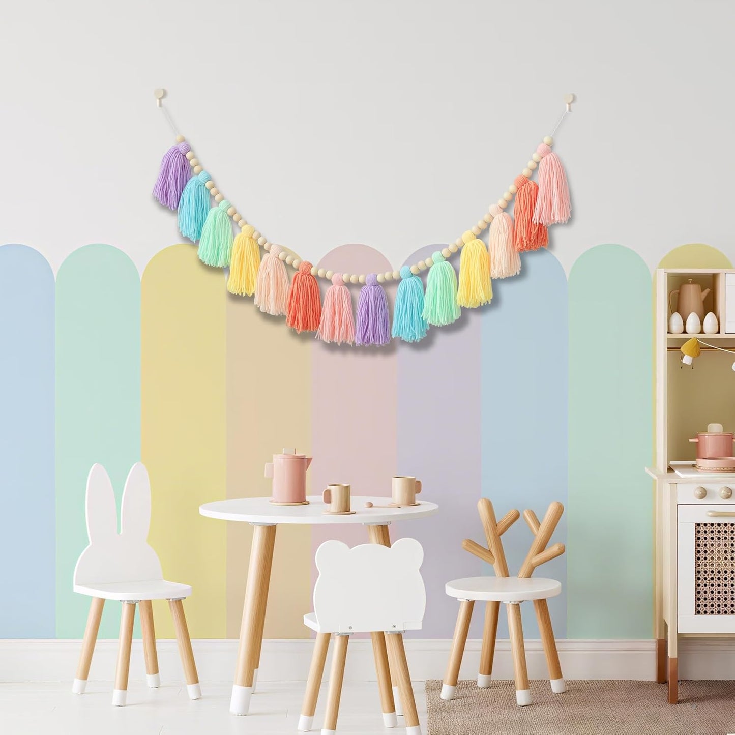 Pastel Rainbow Boho Tassel Garland Wall Hanging with Wood Beads for Baby Shower Birthday Party Classroom Dorm Nursery Decor