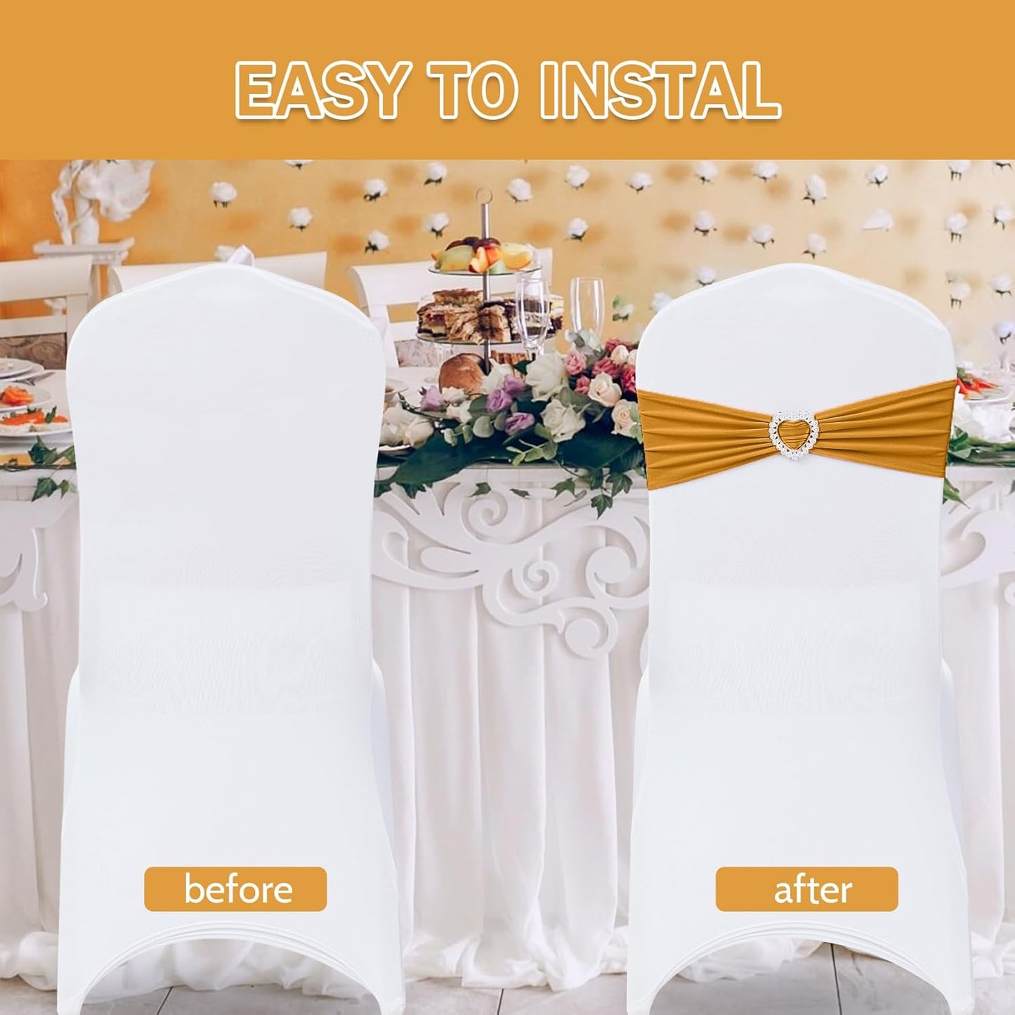 Howhic Pack of 30 Spandex Chair Sashes Bows Stretch Chair Cover Band with Buckle Slider Universal Elastic Chair Ties for Wedding Banquet Party Event Decoration (Gold)