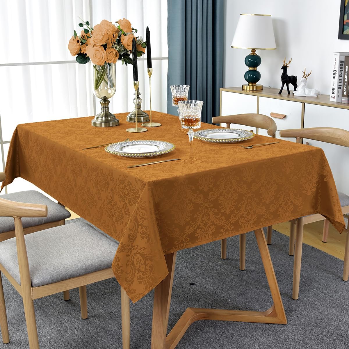 SASTYBALE Fall Tablecloth Rectangle 60 x 84 Inch Spill Proof Stain Resistant Autumn Jacquard Damask Table Cloth, Washable Polyester Table Cover for Thanksgiving, Harvest, Holiday, Brown/Amber