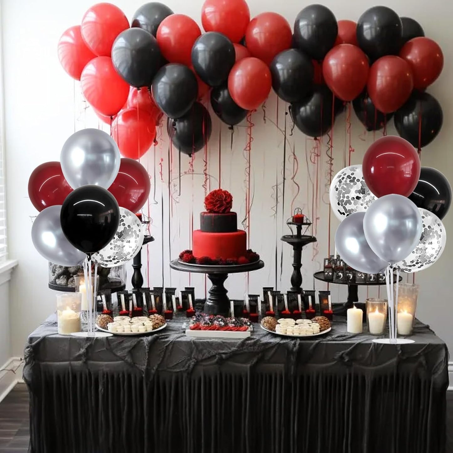 TONIFUL 4 Set Burgundy Red Black Silver Balloon Stand Centerpiece Table Decorations for Graduation Decoration 2025,Christmas Party Decoration,Halloween,New Year's Eve,Anniversary,Birthday Decorations