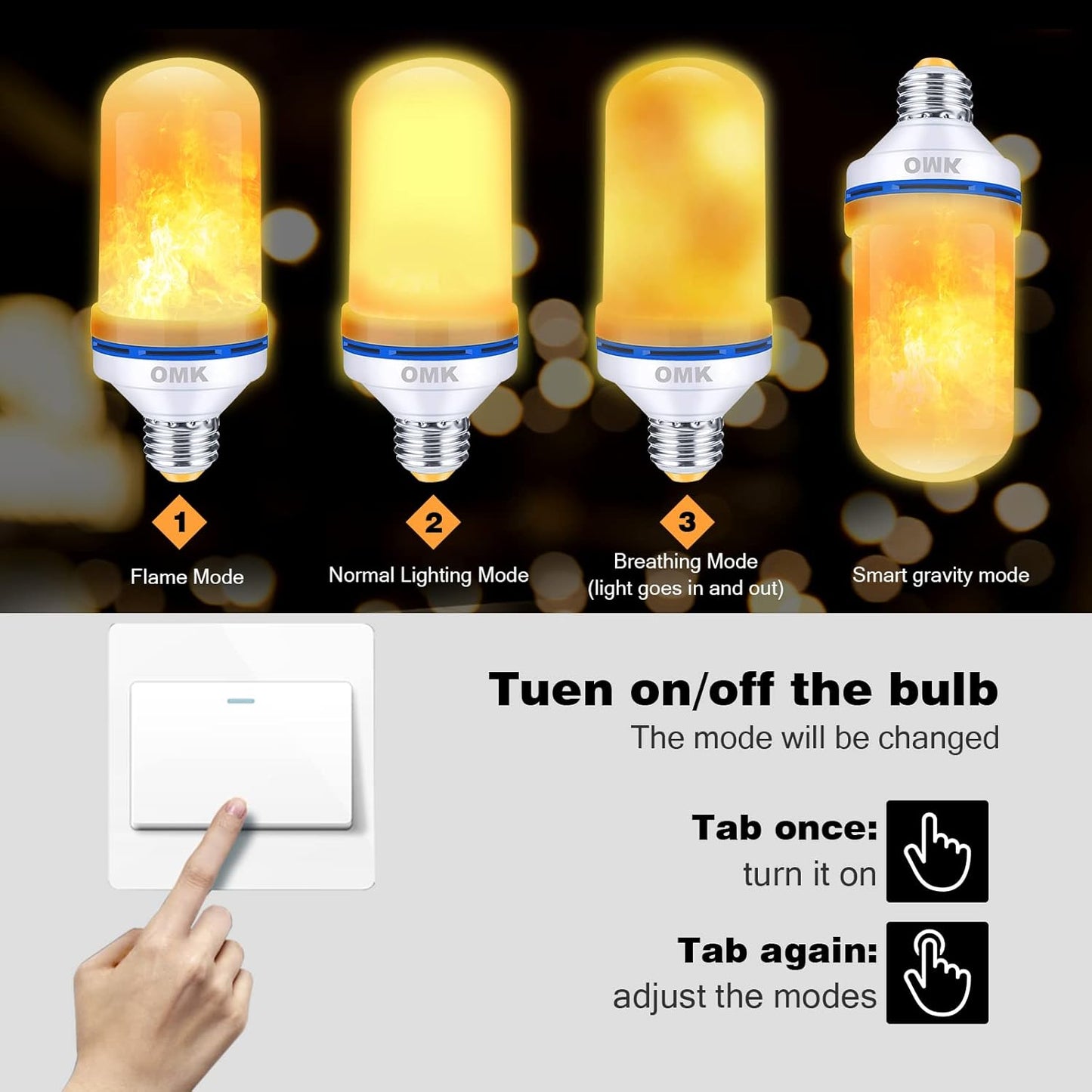 OMK Christmas Decorations Flame Light Bulbs, LED【Upgraded 2 Pack 】 4 Types Lighting Flickering Decorative Lamps for Porch, Yard, Party, Indoor, Outdoor Christmas Gifts