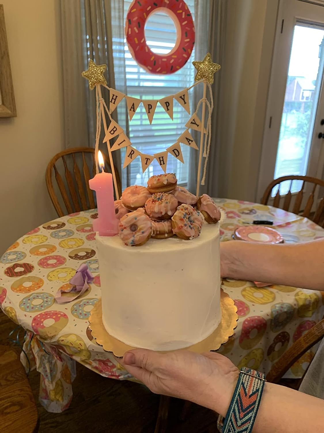 Happy Birthday Cake Bunting Topper Cake Topper Garland, Handmade Pennant Flags with Wood Pole Ivory (Without Pink Rose)