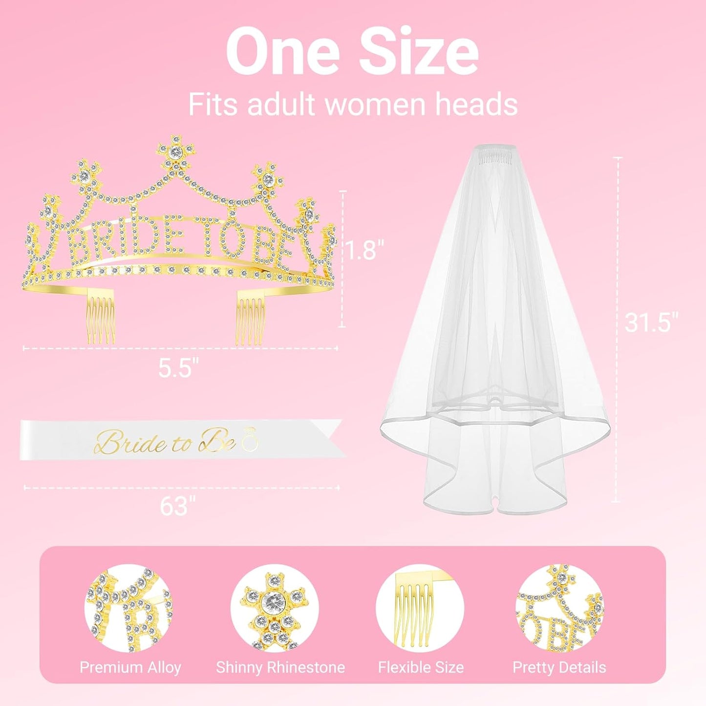 3Pcs Bride to Be Crown with Sash and Veil for Bachelorette Party Decorations，Bridal Shower Accessories for Gift, Favors