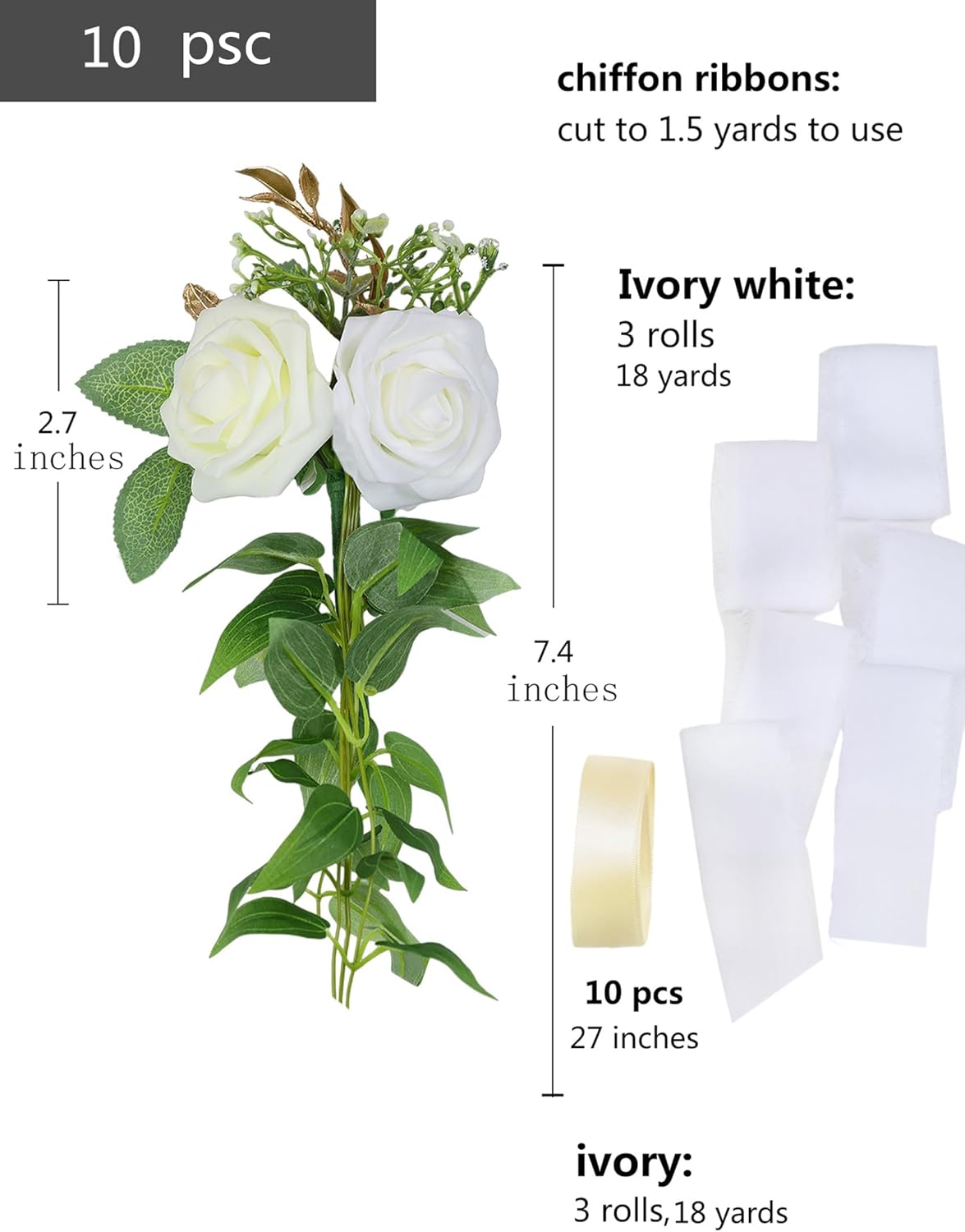 Meldel Wedding Chair Decorations Aisle Floral Set of 10 Artificial Flowers Ivory White Rose Garland with Hanging Ribbions for Ceremony Reception Church Arrangement Party Wedding Pew Decor Flower