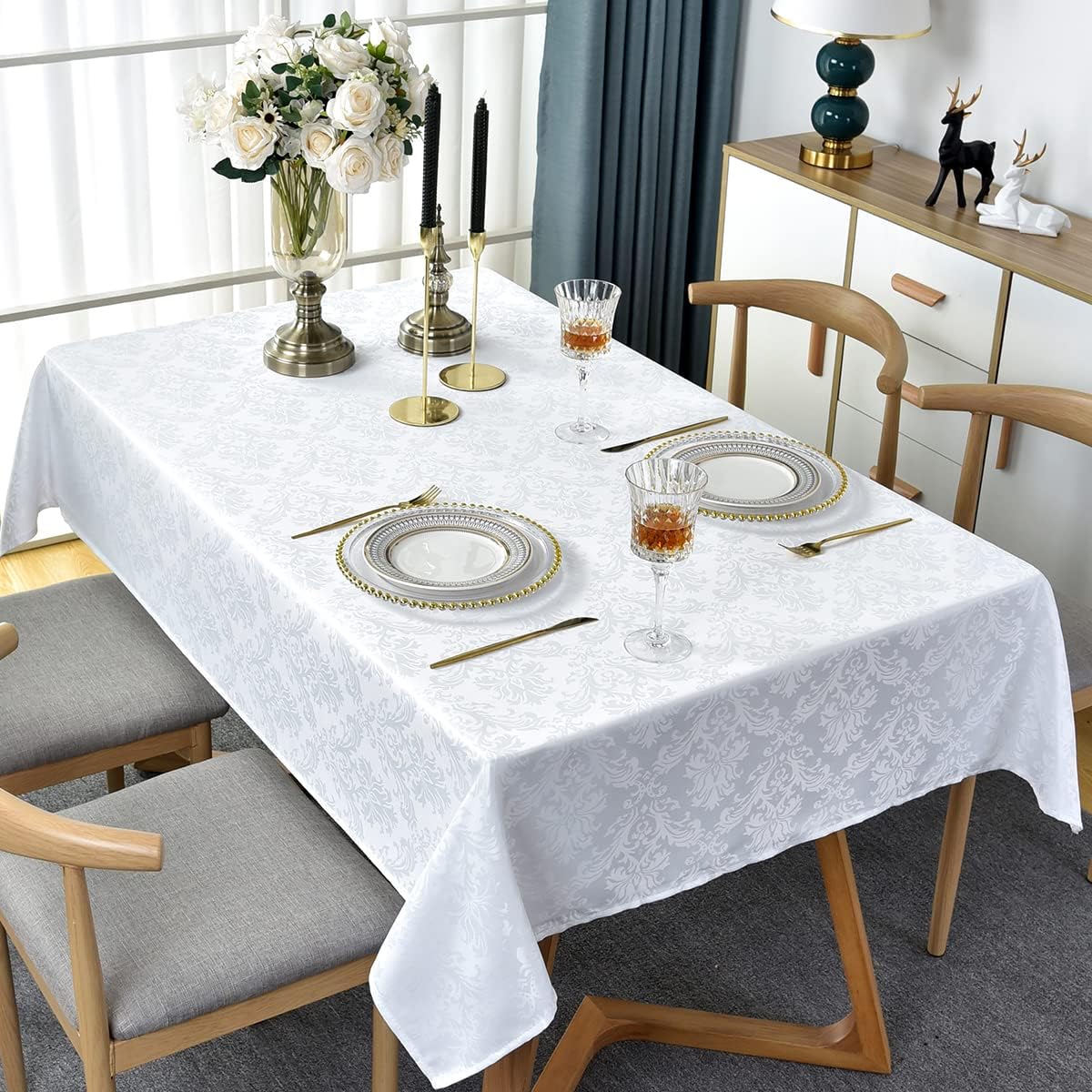 SASTYBALE White Tablecloth Rectangle 60 x 84 Inch Jacquard Damask Tablecloth, Waterproof & Stain Resistant Soft Polyester Tables Cloth, Washable Table Cover for Dining, Party, Indoor, Outdoor