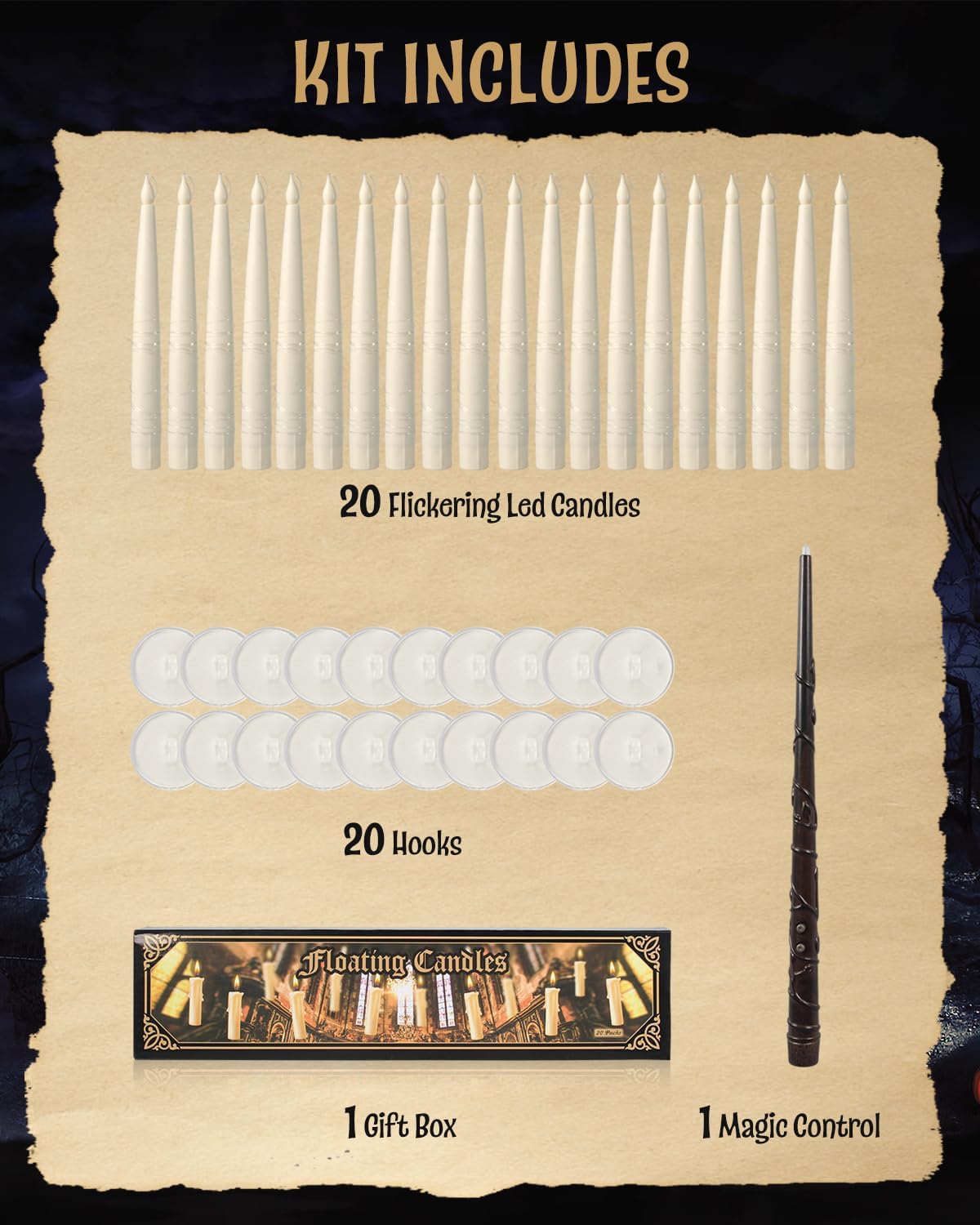 20pcs Halloween Flameless LED Floating Candles with Magic Wand Remote - Floating Hanging Home Decorations for a Spooky Atmosphere-Perfect for Festive Home Display