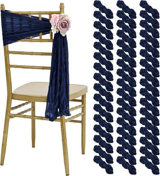 50 PCS Cheesecloth Chair Sashes, Bows Designed ChairSashes, 15.7x70 inch Chair Sashes for Aisle Decorations Universal Chairs Cover Decoration for Wedding Reception Party Banquet (Navy Blue)