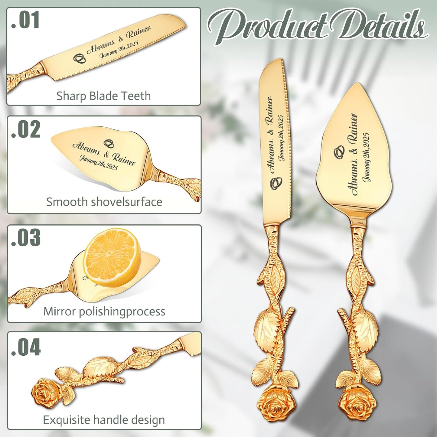 HJX Personalized Wedding Cake Knife and Server Set - Custom Name Engraved Cutting Set with Elegant Gift Box, Ideal for Bridal Wedding Anniversary Birthday Gifts (Rose handle)