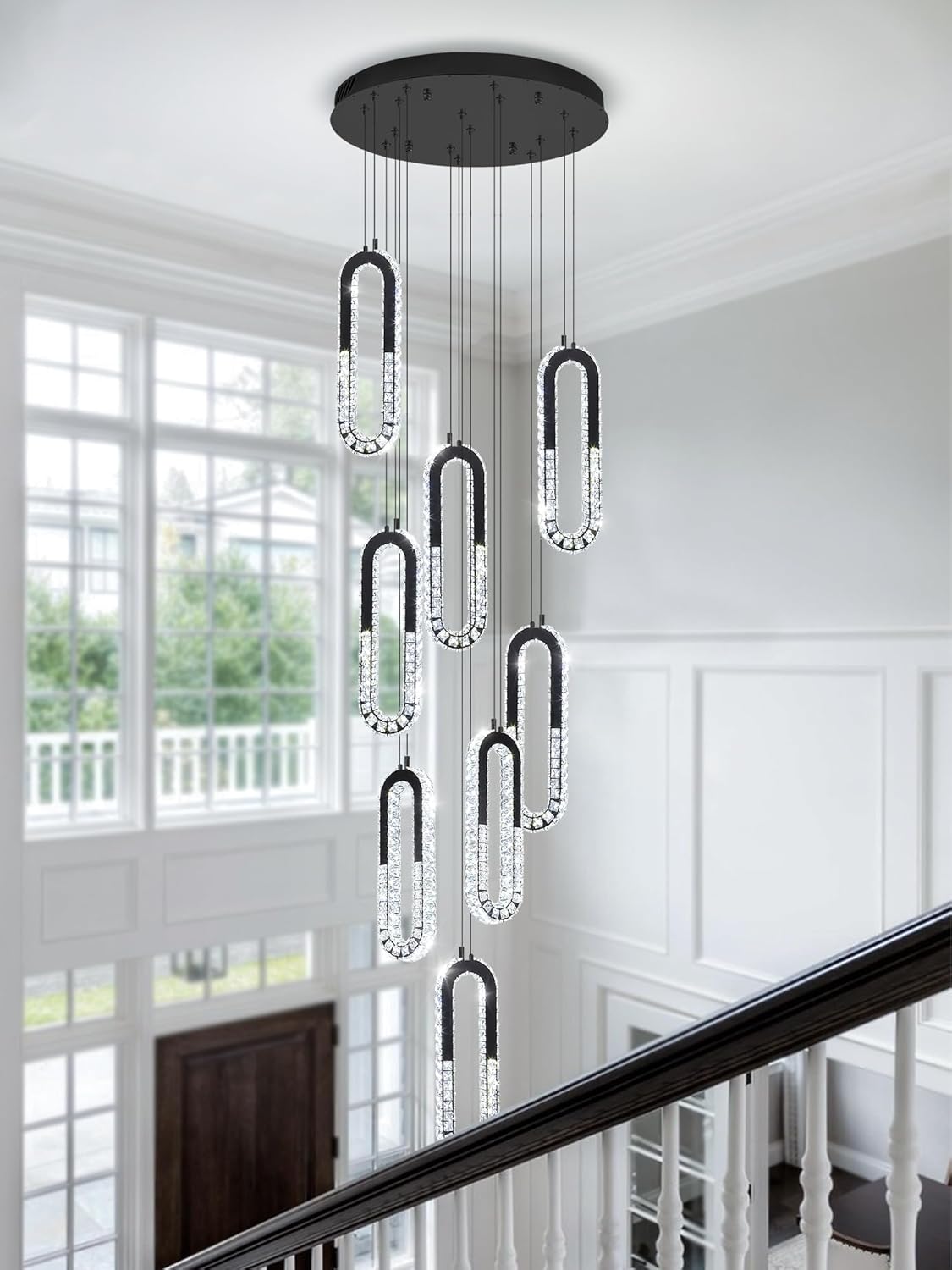 8 Rings Crystal Chandelier,H 118" Modern Black Pendant Light Luxury Foyer Lighting Fixture High Ceiling Chandelier for Entryway,Staircase,Living Room,Villa LED Dimmable 2700K-6000K