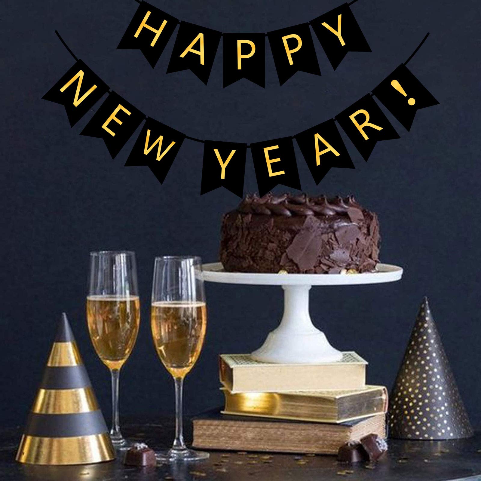 FECEDY Happy New Year Banner Black Bunting with Gold Alphabet for New Year Party Supplier Eve Party