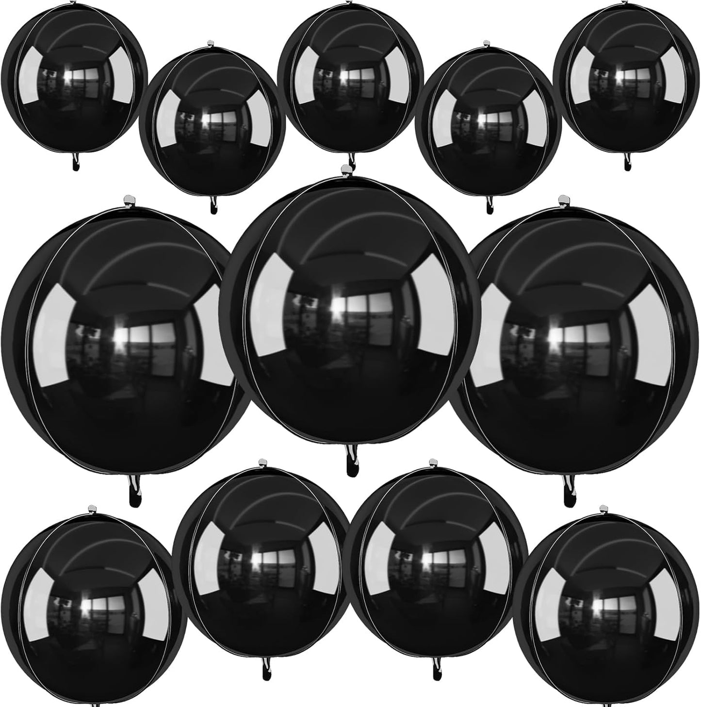 12Pcs Black Round Foil Balloons, 22" 15" 10" Metallic Black 4D Ball Balloons for Birthday Graduation Christmas New Year Eve Halloween Party Backdrop Decorations