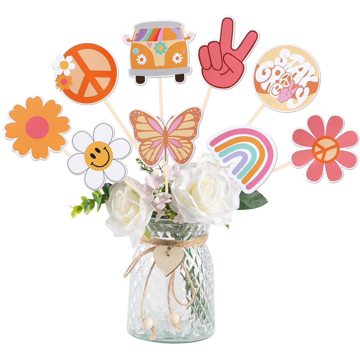 18 PCS Hippie Party Centerpiece Sticks Dasiy 60s Retro Boho Peace Sign Hand Butterfly Two Groovy