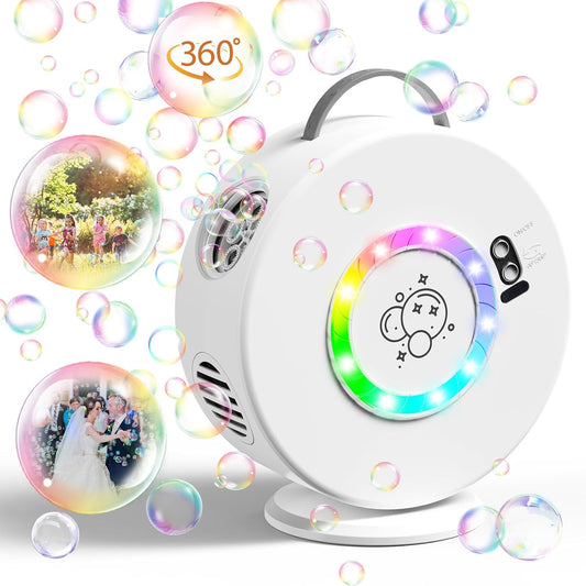 Bubble Machine Automatic LED Lights Bubble Blower for Kids Rechargeable Portable Bubble Maker Auto Rotating 90°/360° Outdoor Birthday Party Wedding (Led White)