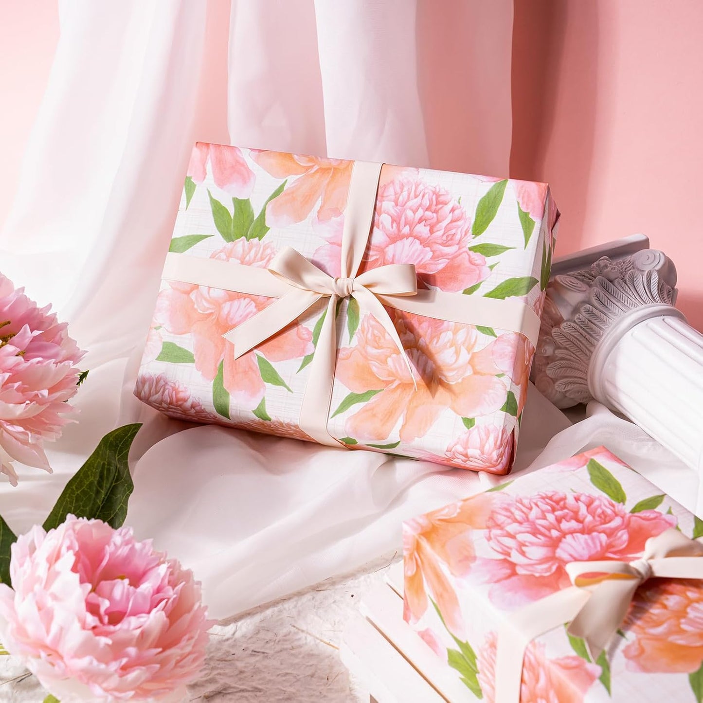 WRAPAHOLIC Floral Wrapping Paper Roll - Mini Roll - 17 Inch x 33 Feet - Peach Flower Wrapping Paper, Perfect for Girls Women Birthday, Wedding, Bridal Shower