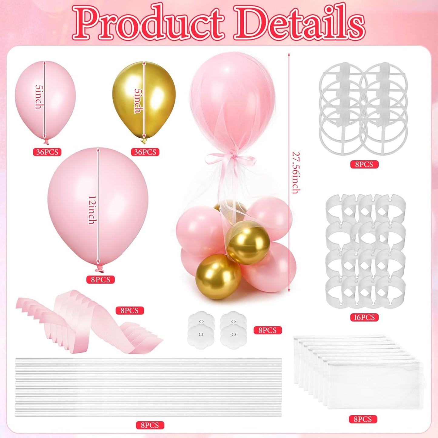 BBTO 8 Set Table Centerpieces Balloons Stand Kit, 80 Pcs Latex Balloons and Table Stand Holder with Base Tulle for Wedding Birthday Baby Shower Party (Pink, Gold)