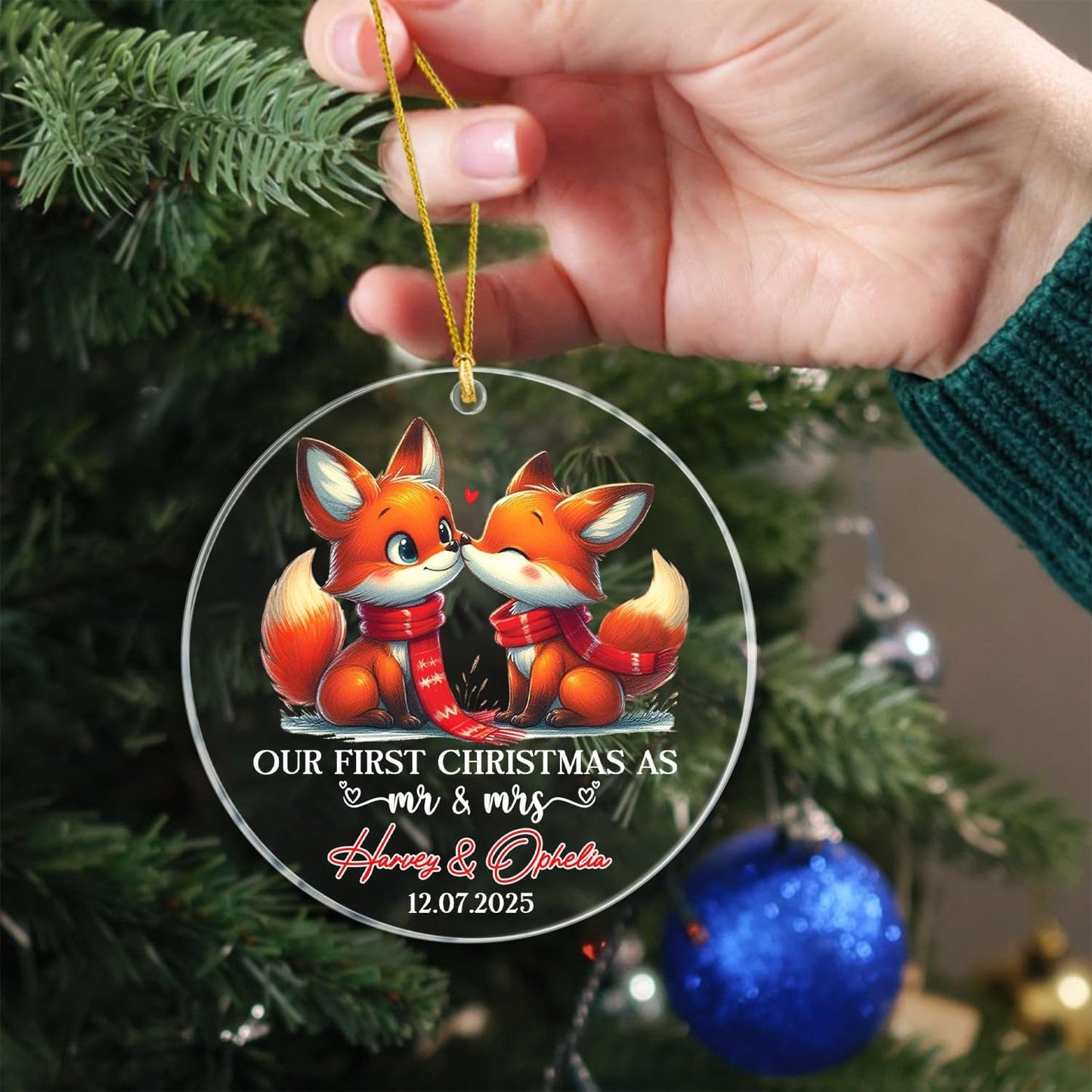Personalized Our First Christmas As Mr & Mrs Ornament, Custom Date/Name Mr & Mrs Fox Married Xmas Ornaments Gift for Wedding Anniversary, Fox Marriage Christmas Ornament for Newlyweds/Just Married