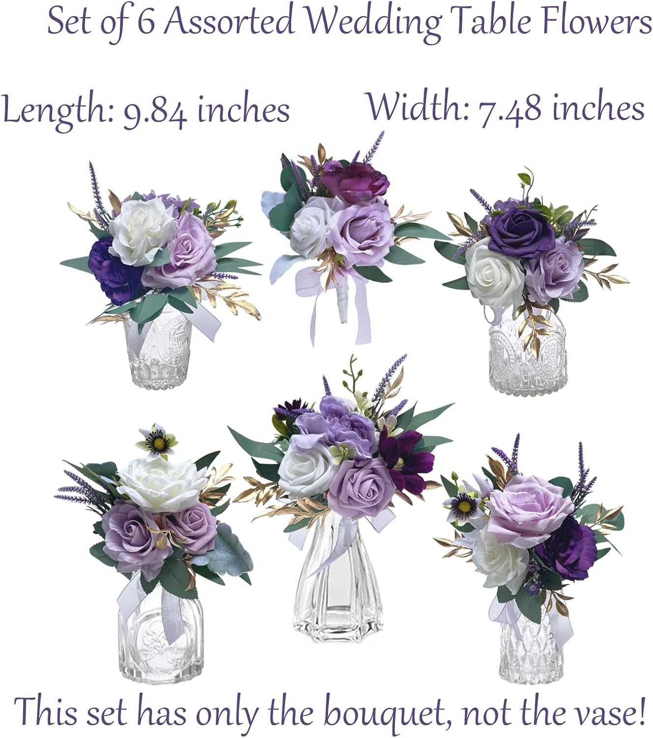 CherishedMoments Set of 6 Assorted Flower Centerpieces Mini Floral Wedding Flowers Set for Wedding Table Centerpieces Decoration, Purple Bouquets and Home Decor