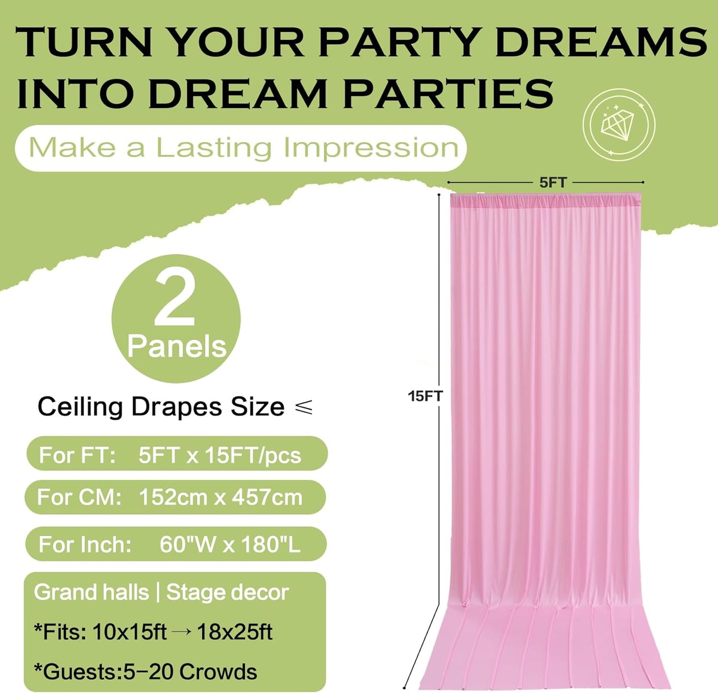 PartyVillage 10ft×15ft Baby Pink Backdrop Curtain for Wedding Parties, 2 Panels Wrinkle Free 15 FT Long Polyester Photo Backdrop Drapes Back Drop Cloth for Birthday Photography Background