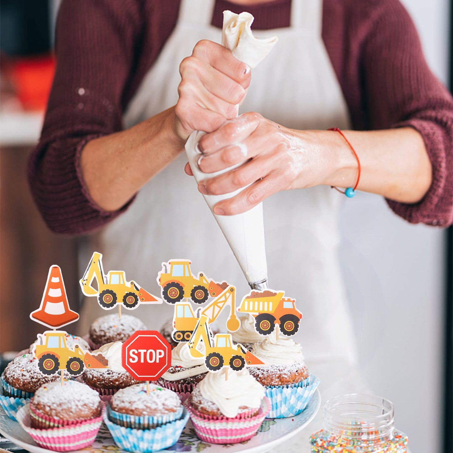 36 PCS Construction Cupcake Toppers Stop Sign Dump Truck Excavator Tractor Party Cake Food Picks
