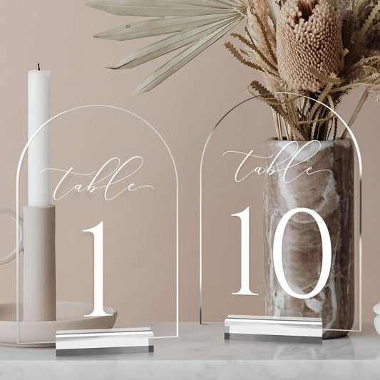 JINMURY Clear Arch Table Numbers for Wedding, 5x7 Inch Arched Acrylic Table Numbers 1-10 with Stands, Clear Acrylic Arch Sign with Holder for Centerpiece, Reception, Wedding, Party, Event