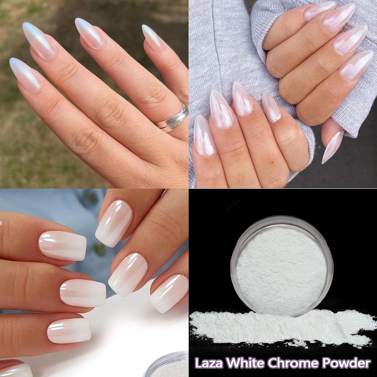 Laza White Chrome Nail Powder Glazed Donut Nails Metallic Effect Pigment Shimmer Pearlescent Mica Powder Iridescent Aurora Nail Glitter Fairy Dust Gel Nail Art Supplies Nail Techs – Pearl Chrome