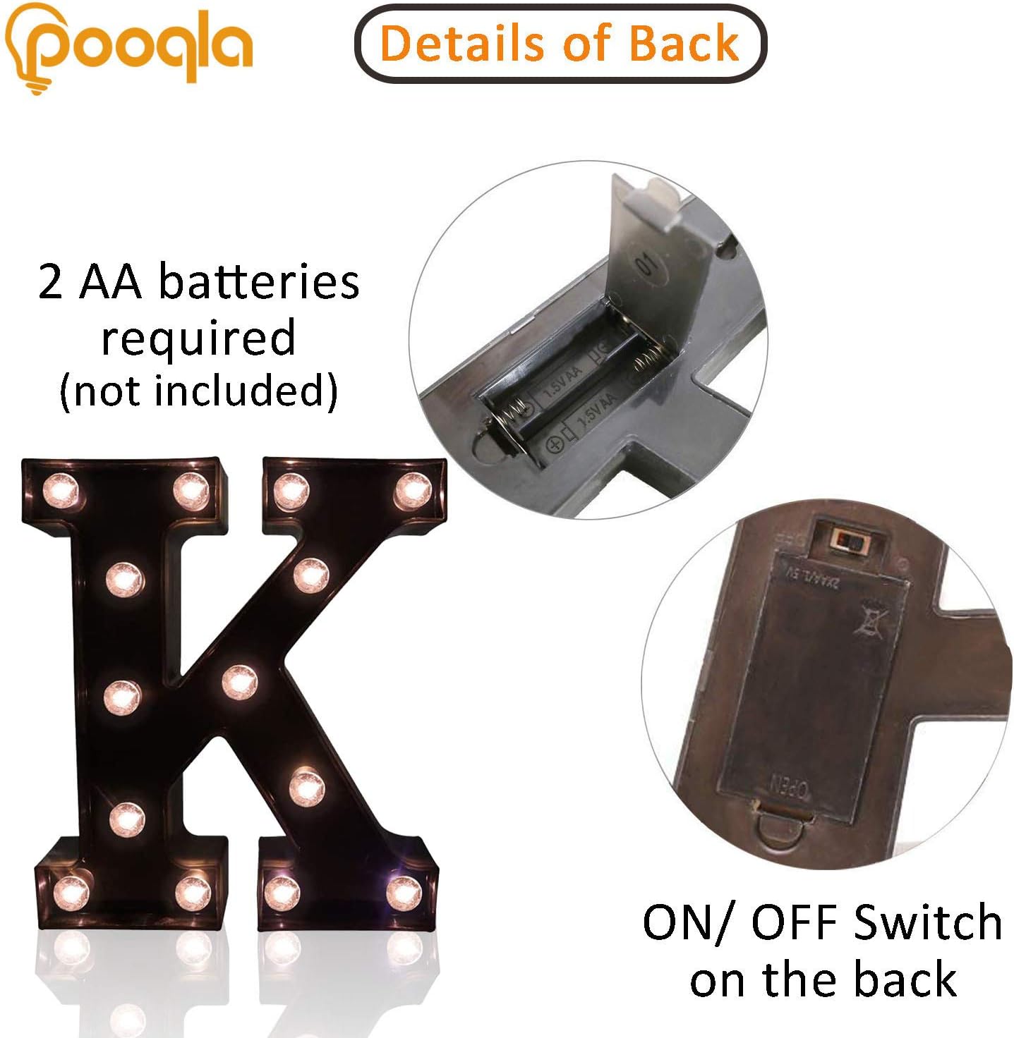 Decorative LED Illuminated Letter Marquee Sign - Alphabet Marquee Letters with Lights For Wedding Birthday Party Christmas Night Light Lamp Home Bar Decoration K, Black