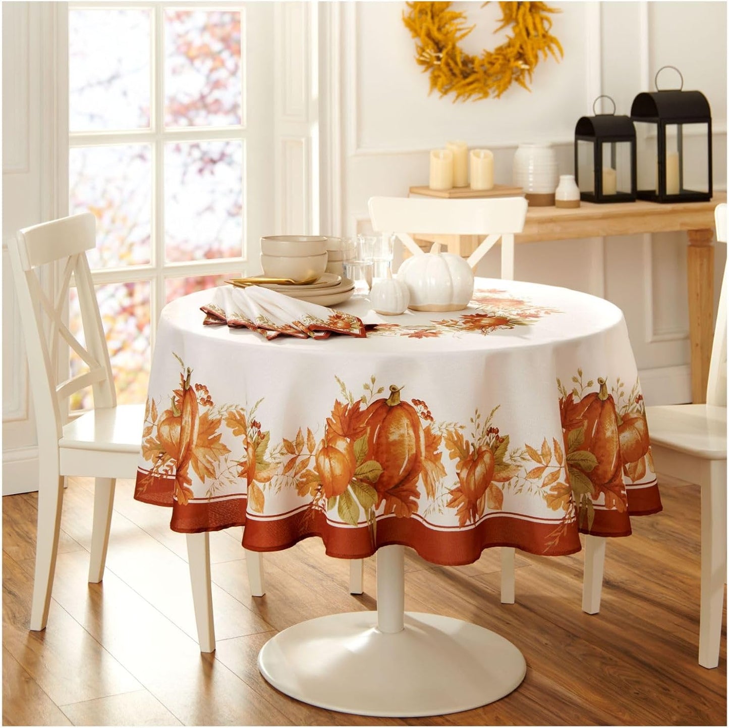 Elrene Home Fashions Autumn Pumpkin Grove Wrinkle Resistant Tablecloth, 70" Round, Multi Color