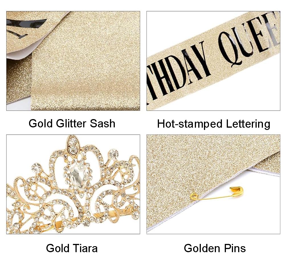 COCIDE Birthday Decorations for Women Sash and Tiara Crown for Party Gold