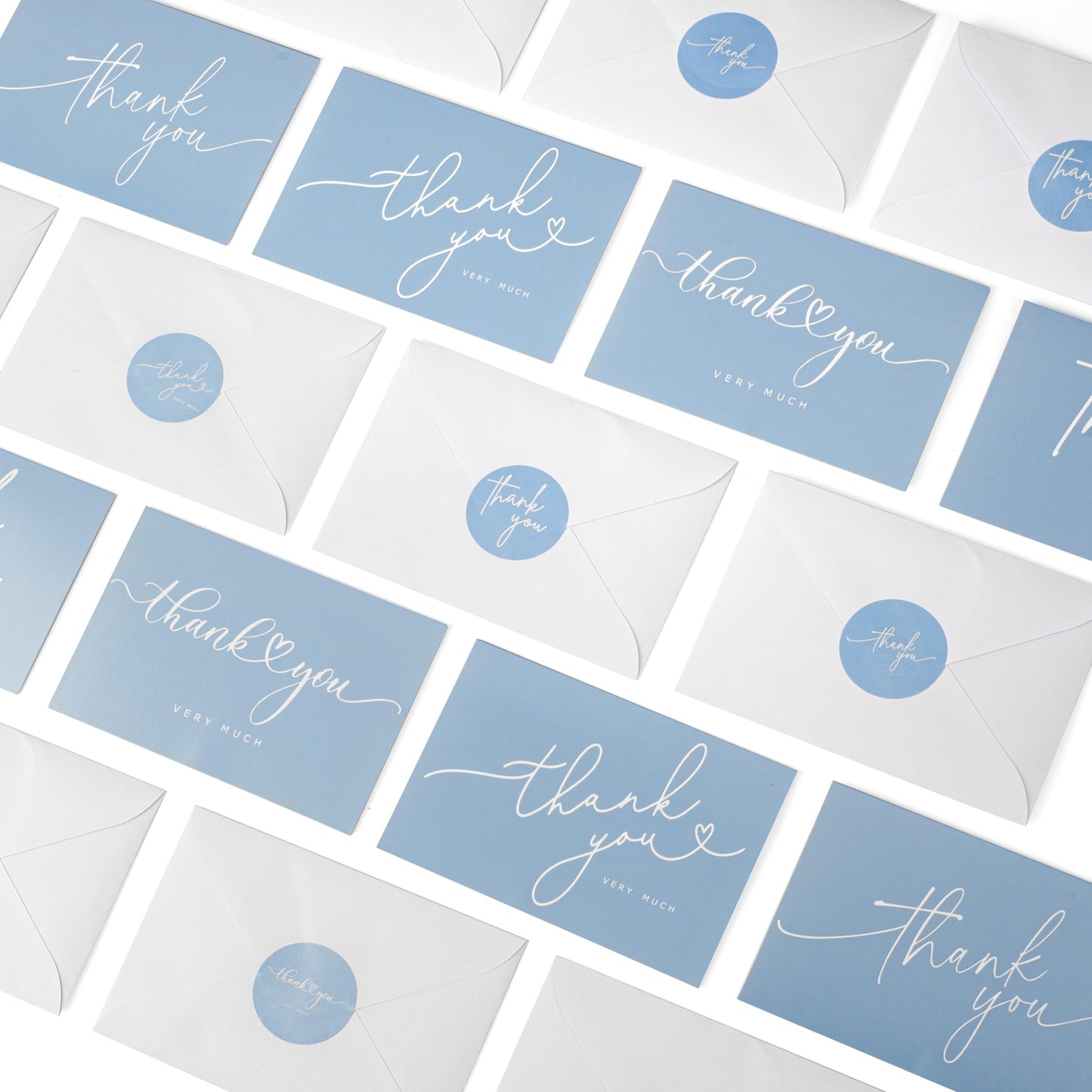 100 Bulk Light blue Thank You Cards with white Envelopes and stickers - 4 Minimalistic Designs