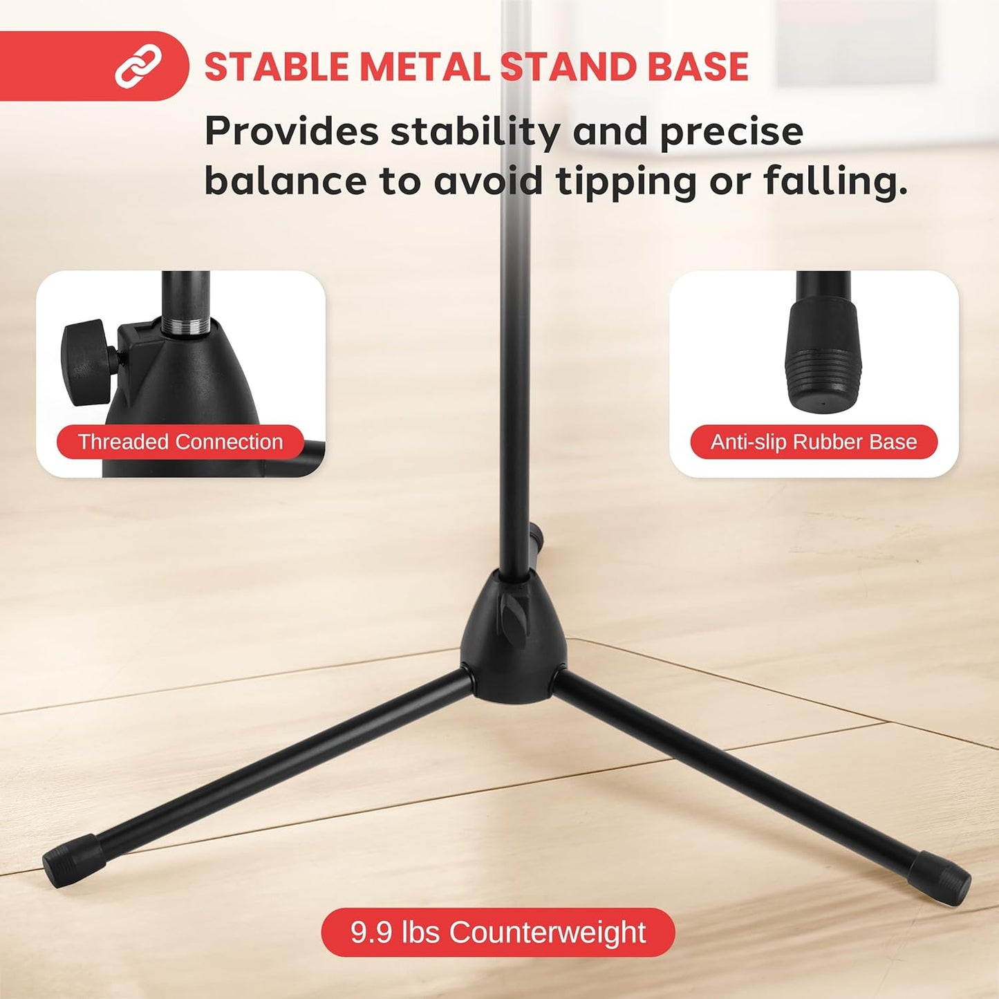 Pyle Tripod Microphone Stand, Height Adjustable from 39.37" to 66.14'', Mic Stand for Floor, Sturdy and Durable Build, Non-Slip Rubber Feet, With 5/8" Screw Adapter, Cable Clip, Compact Folding Design