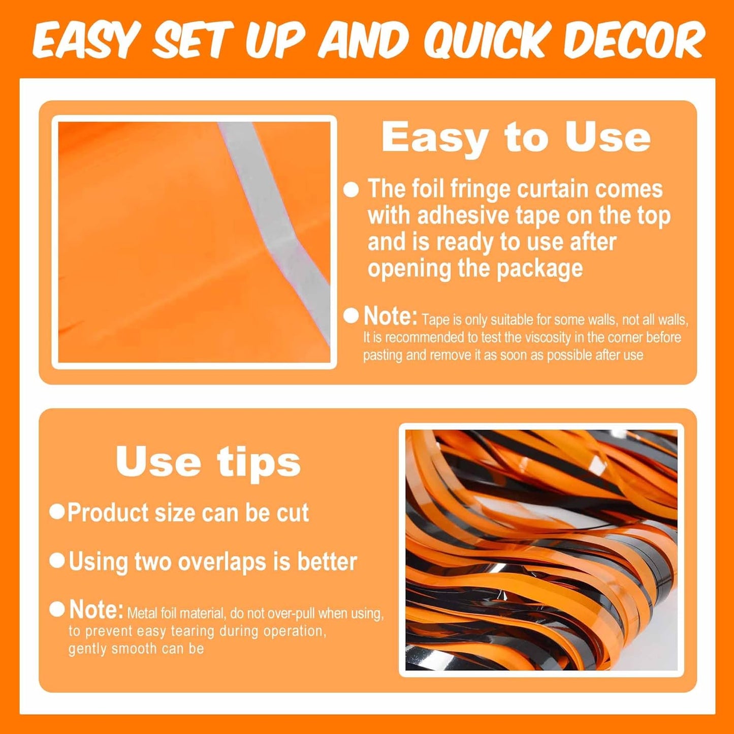 3 Pack Black Orange Foil Fringe Curtains Backdrop, 3.28 x 9.8 Ft Metallic Streamers Tinsel Curtains Background for Photo Booth, Birthday, Halloween, Christmas, Thanksgiving, New Year Party Decorations