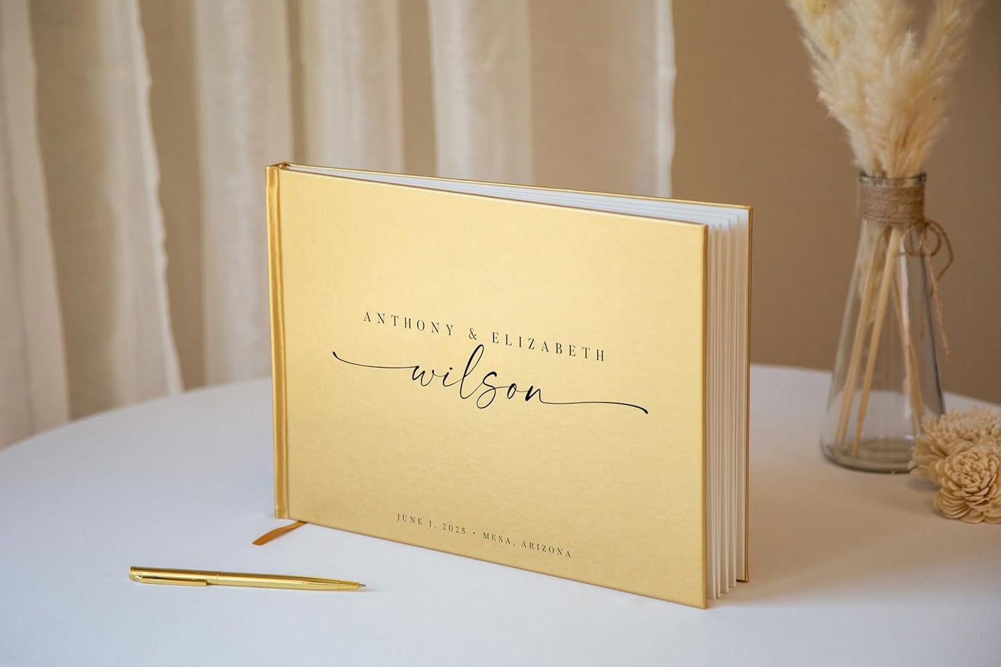 Personalized Guest Book - 11.5" x 8.5" Custom Bride & Groom Names with Bookmark and Hard Cover 140 GSM Blank Pages, for Weddings Guest Book, Engagements, Birthdays, Special Events, Gold