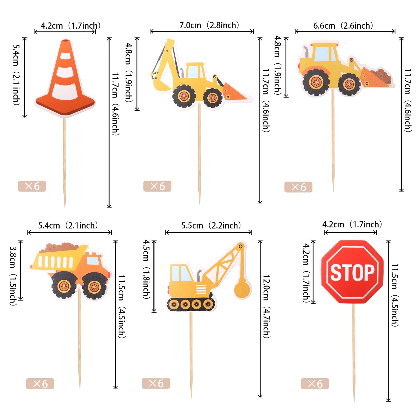 36 PCS Construction Cupcake Toppers Stop Sign Dump Truck Excavator Tractor Party Cake Food Picks
