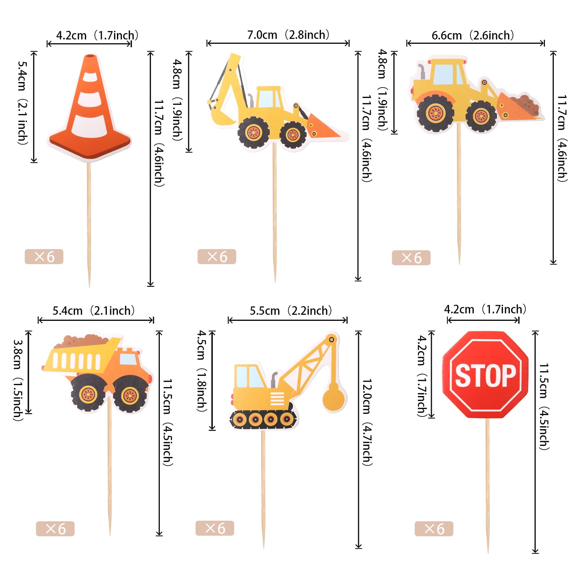 36 PCS Construction Cupcake Toppers Stop Sign Dump Truck Excavator Tractor Party Cake Food Picks