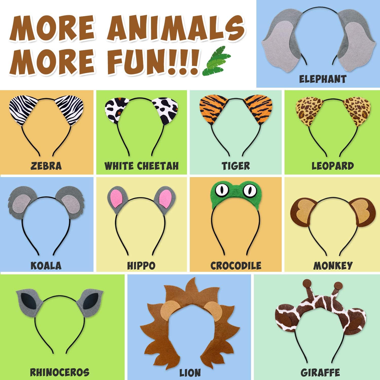 12pcs Jungle Animal Safari Headbands with Animal Hair Hoops - Photo Booth Props, Party Favors and