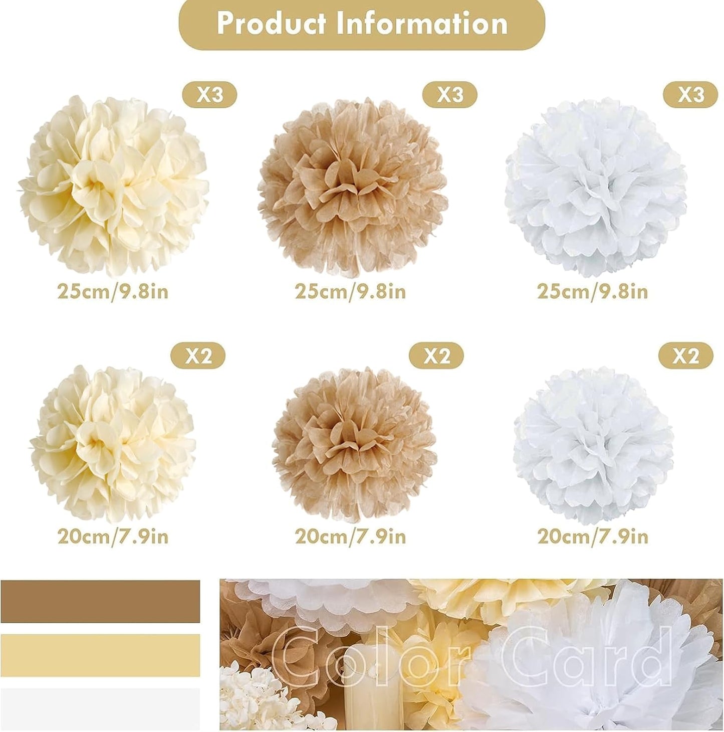 Boho Tissue Paper Pom Poms,Premium Champagne Neutral Party Decorations,Creamy White Light Brown Tissue Paper Flowers,for Wedding Birthday Engagement Receptions Boho Bridal Baby Showers Party Supplies
