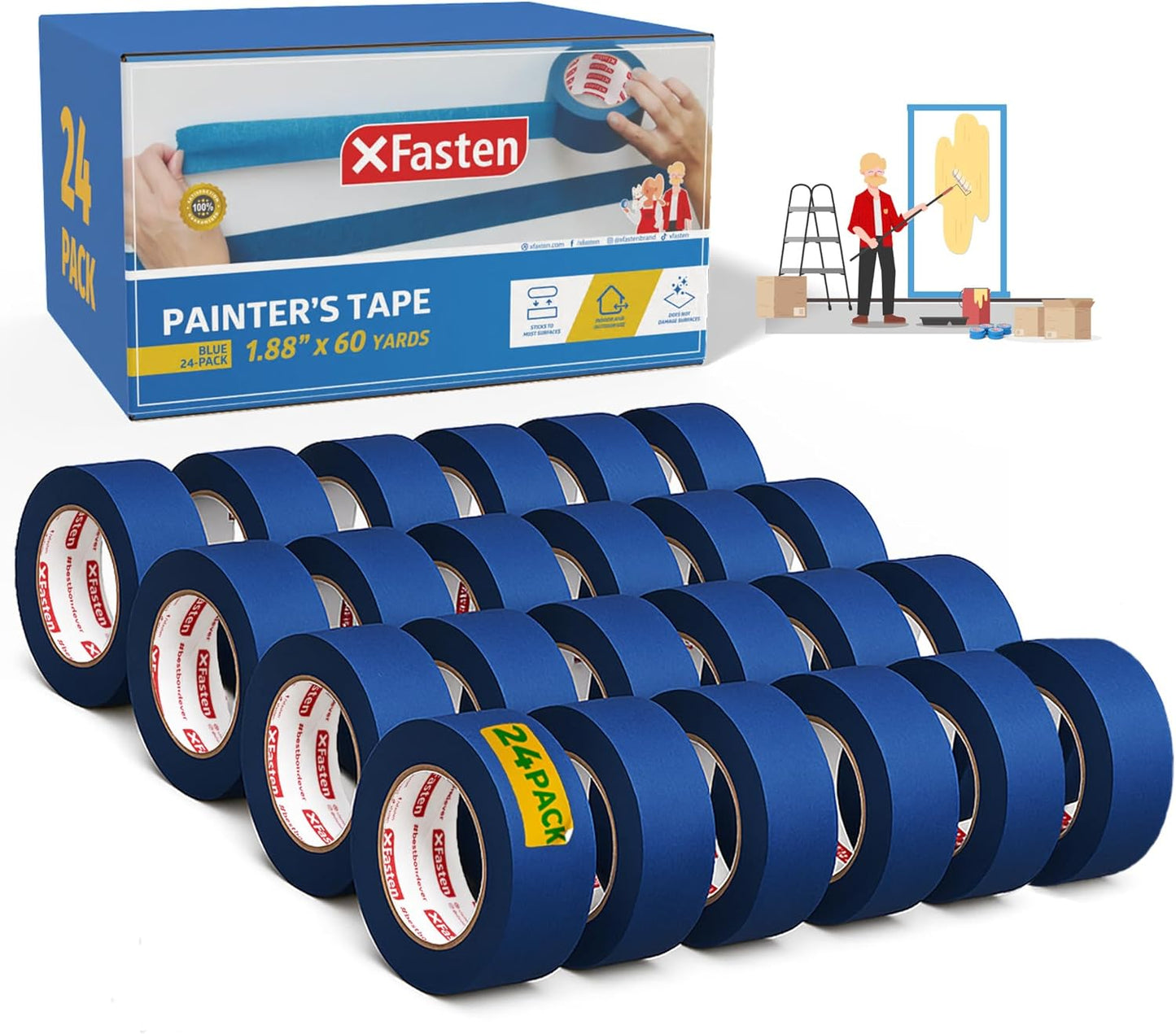 XFasten Blue Painters Tape Bulk, 1.88 Inch x 60 Yards, 1440 Yards Total (24-Pack) Blue Painters Masking Tape Bulk - Sharp Edge Line Technology, Produces Sharp Lines | Residue-Free Wall Trim Tape
