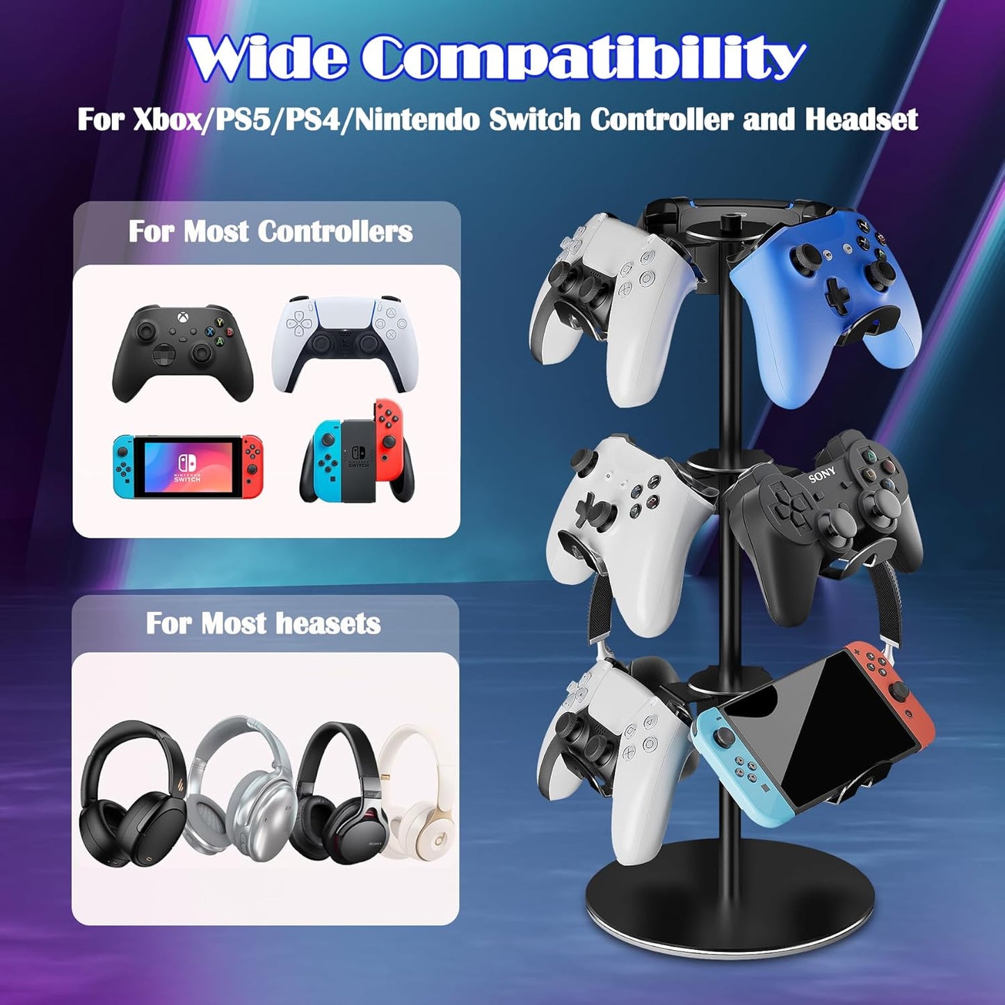 Controller Holder Stand 3 Tiers, Rotatable Gaming Headset Stand Compatible with Xbox PS5 PS4 Nintendo Switch Pro, Aluminum Headphone Organizer Rack, Desktop Gampads Holder, Black