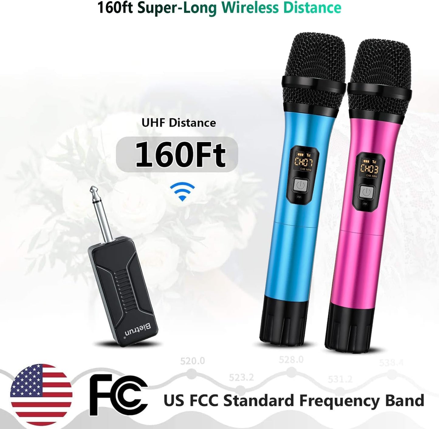 Wireless Microphone, Bietrun UHF Metal Dual Handheld Cordless Dynamic Mic System with Rechargeable Receiver, 1/4‘’Output, for Karaoke, Church, Speech, Wedding, Party Singing(160 ft Range)-Auto Connect