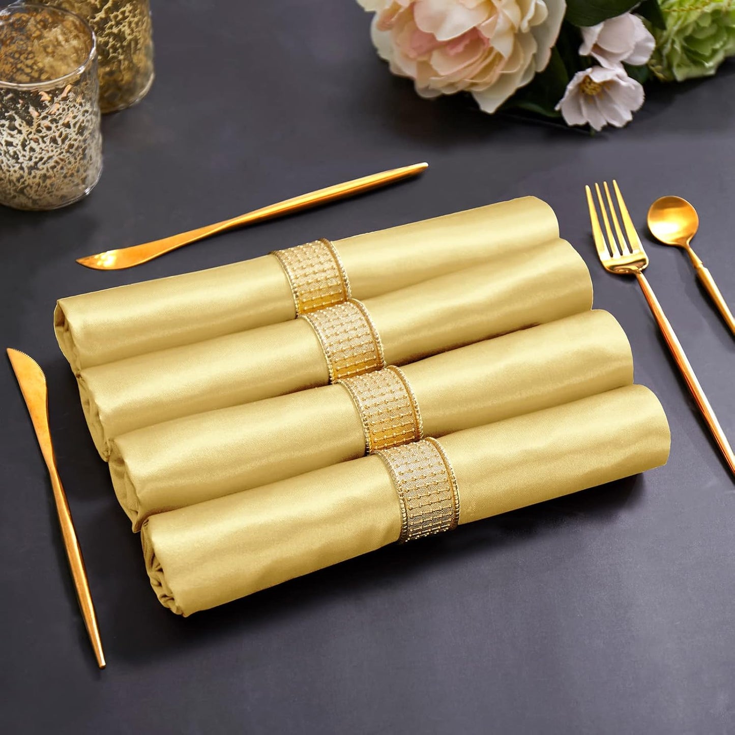 Horbaunal 16 Pack Gold Satin Napkins 20 x 20 Inch, Square Soft Table Dinner Napkins, Silky Cloth Napkins Table Decoration for Weddings Banquets Parties