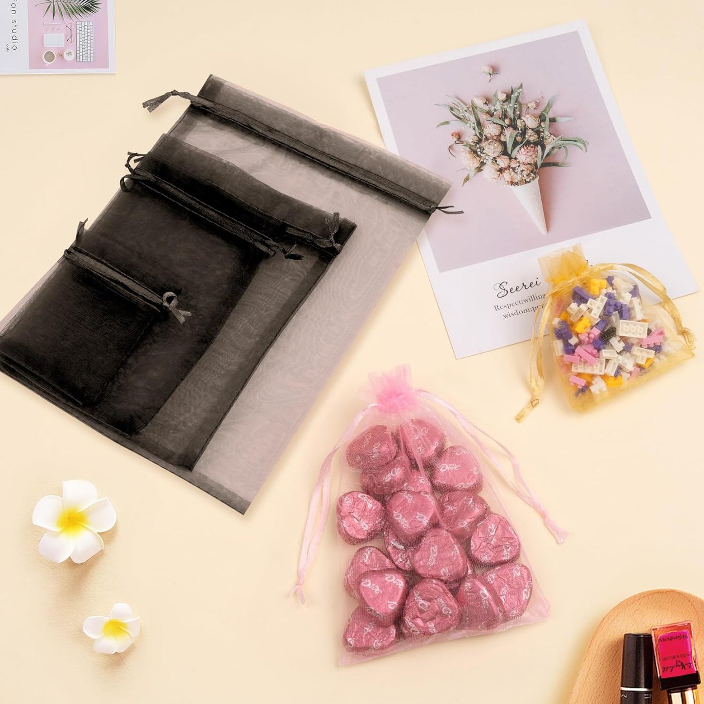 50 Pcs Organza Bags 4x6 Inch, Small Mesh Bags Drawstring Candy Bag for Party Favor Pouch Small Gift Bag Bulk (Black)