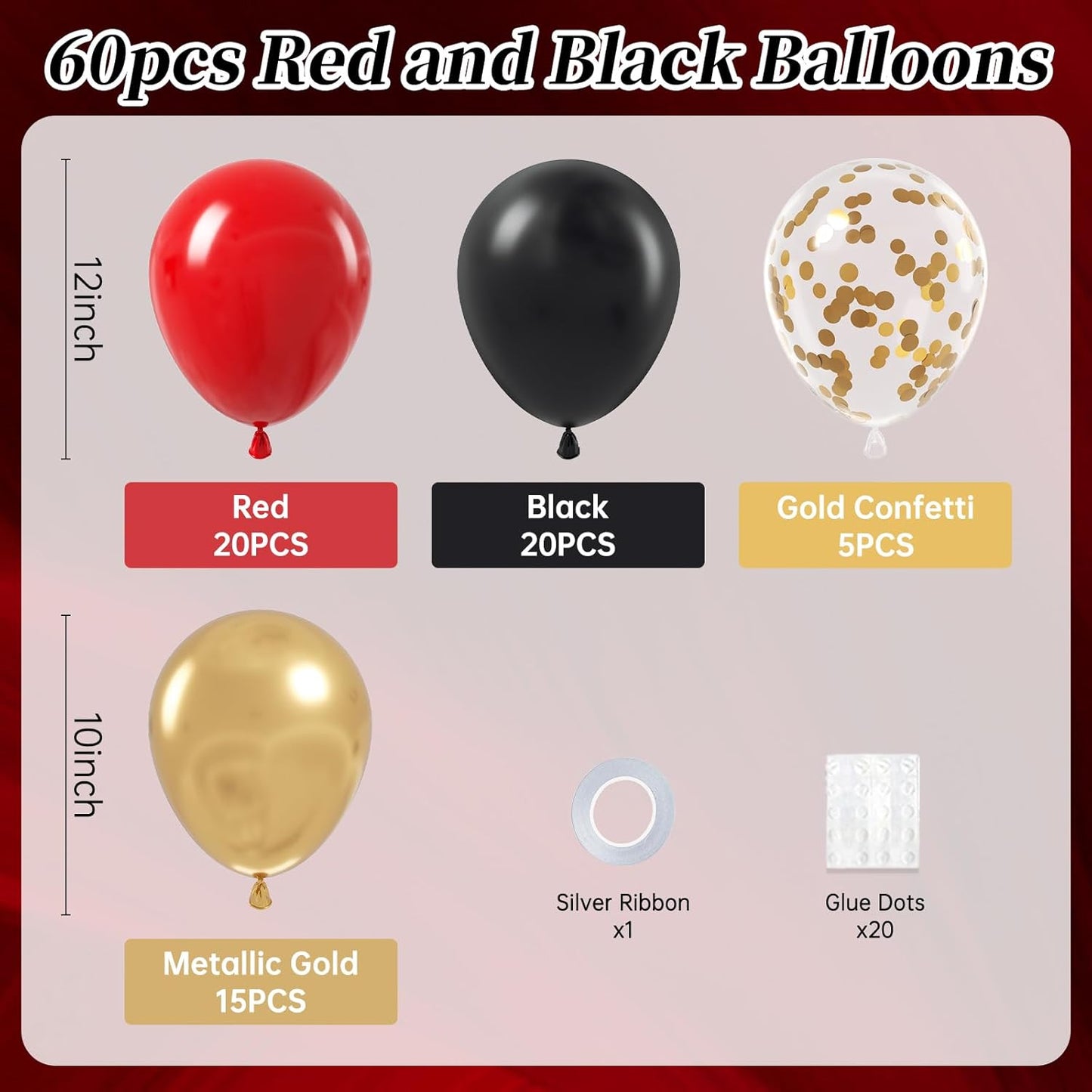 Red Black and Gold Balloons, 60pcs 12inch Red Black Gold Confetti Balloons for Birthday Casino Party Decorations